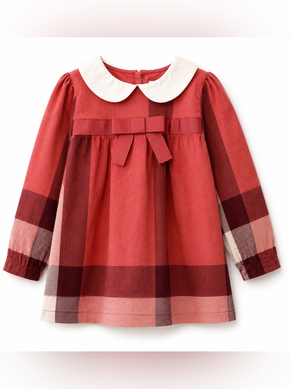 Baby Girls Plaid Dress 12-18 Months Burgundy Peter Pan Collar Long Sleeve Bow